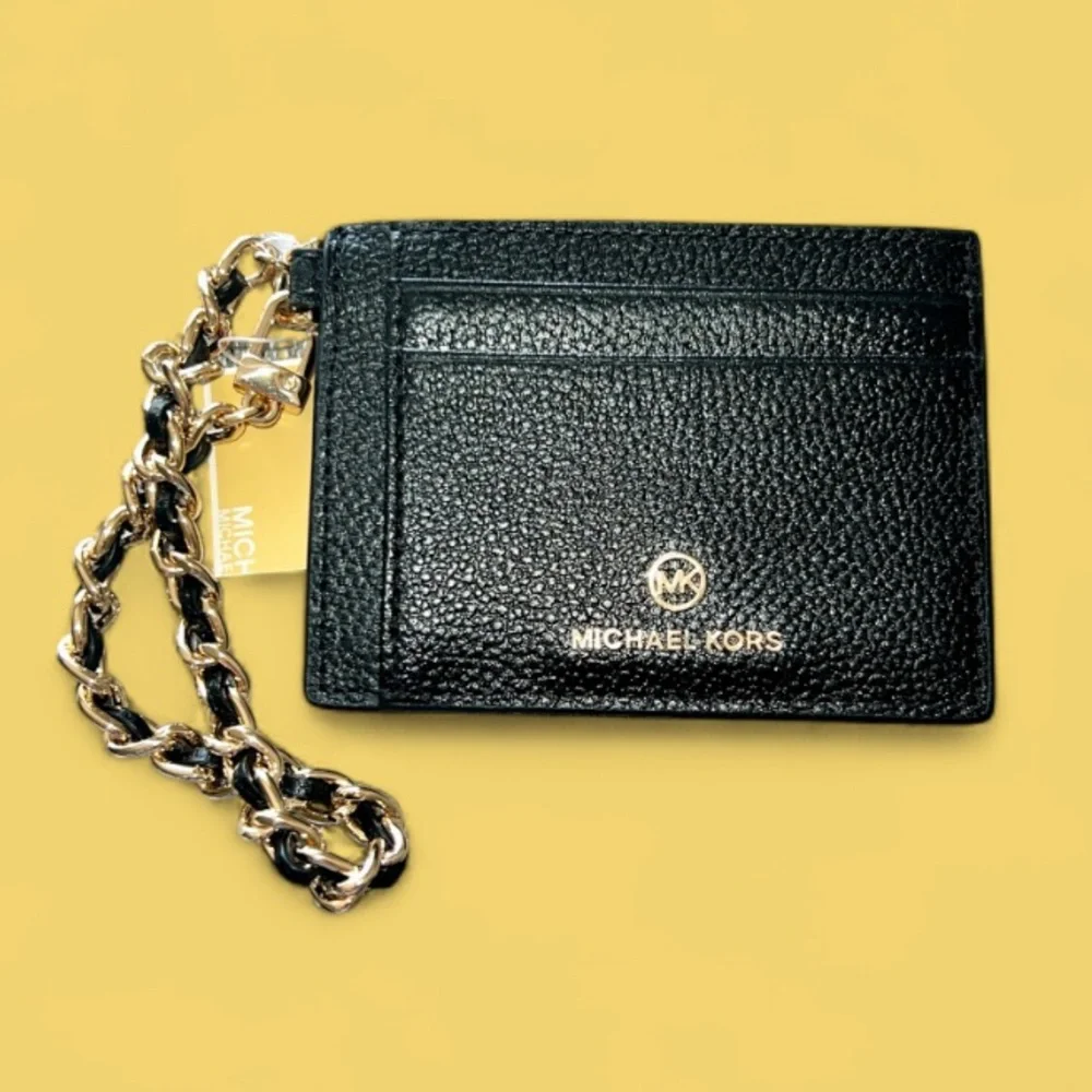 Michael Kors Black and Gold Card Holder Jet Set Charm Leather or wristlet NWT